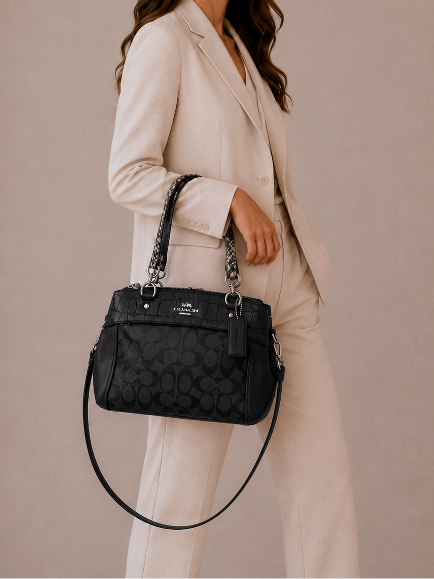 Coach Mini Brooke Carryall - Black Signature Canvas & Exotic Python Trim Satchel
