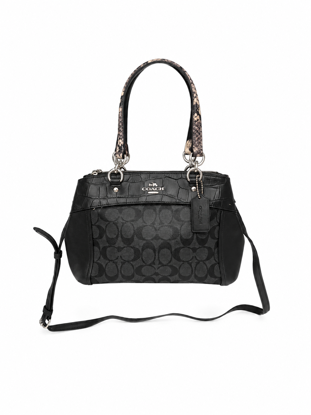 Coach Mini Brooke Carryall - Black Signature Canvas & Exotic Python Trim Satchel
