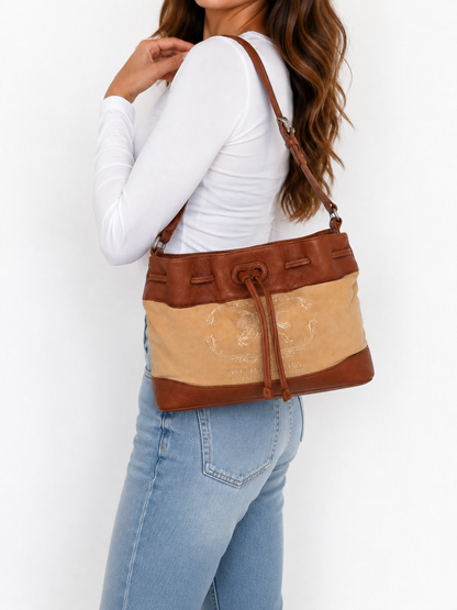 Burberry Leather- Trimmed Canvas Drawstring Bucket Bag