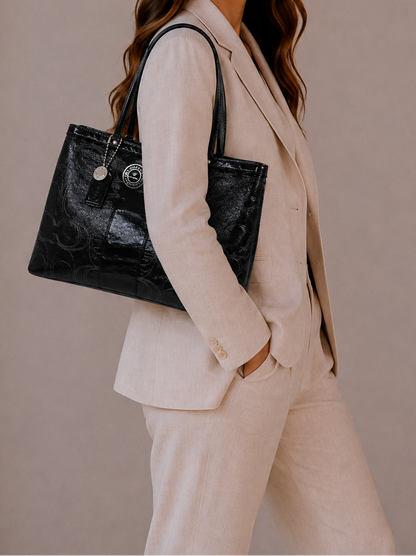 Coach Signature Stitched Patent Leather Kisslock Tote