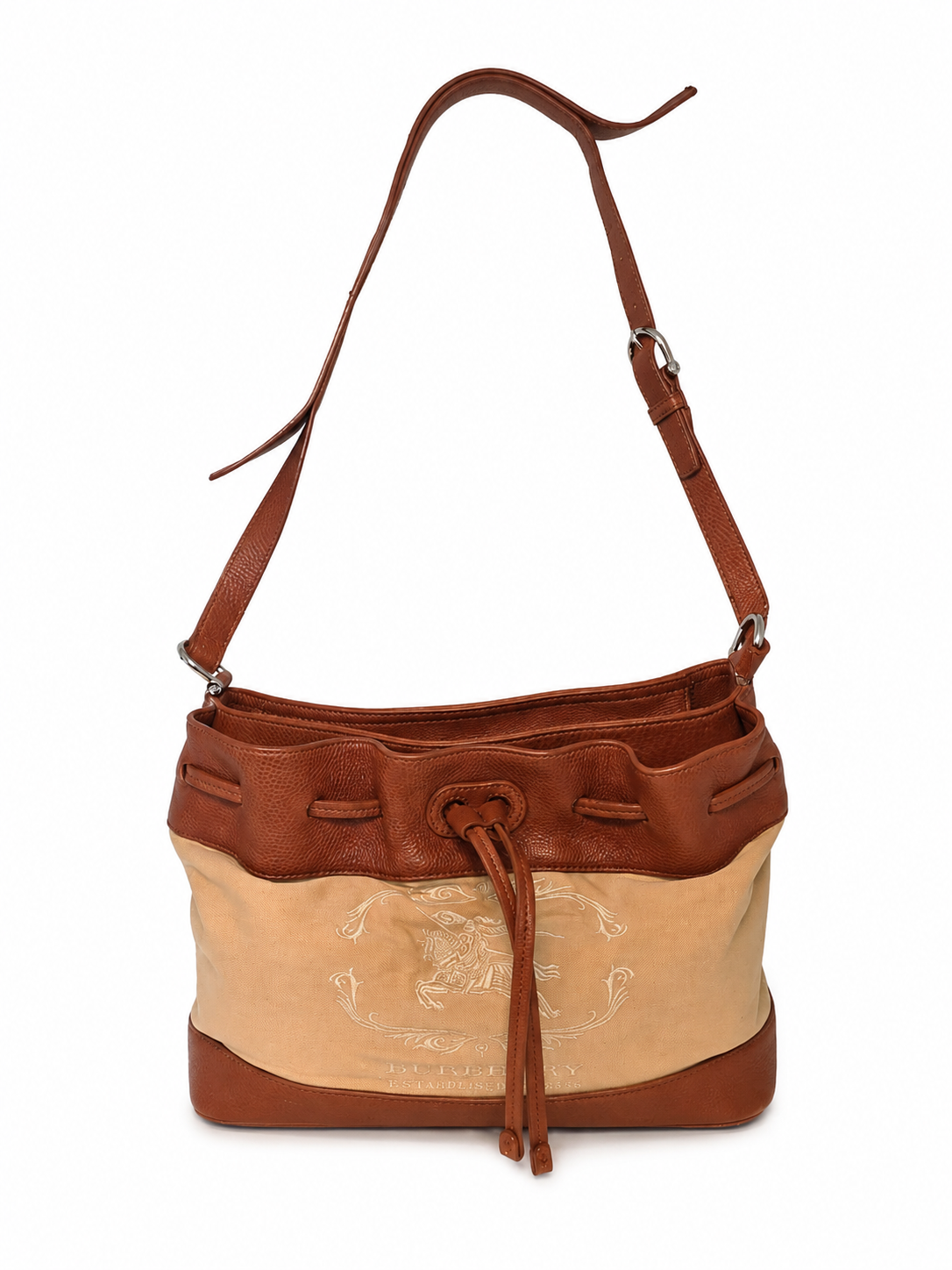 Burberry Leather- Trimmed Canvas Drawstring Bucket Bag