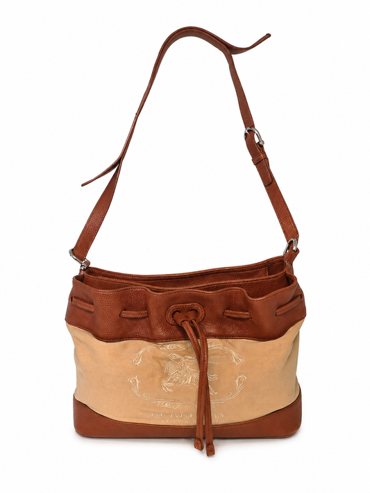 Burberry Leather- Trimmed Canvas Drawstring Bucket Bag
